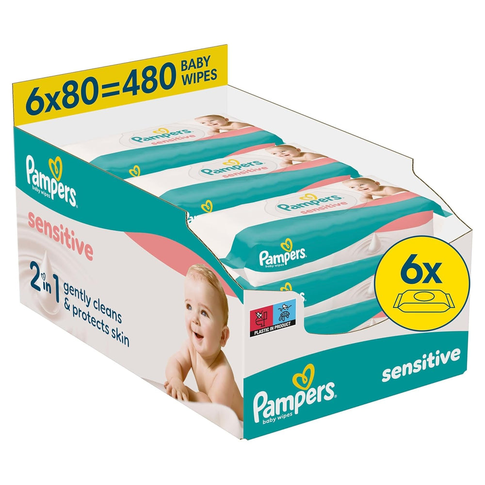 Pampers Sensitive Wet Wipes, 6 pakker á 80 servietter = 480 servietter, uparfumerede, til skånsom, skånsom rengøring