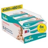 Pampers Sensitive Wet Wipes, 6 pakker á 80 servietter = 480 servietter, uparfumerede, til skånsom, skånsom rengøring