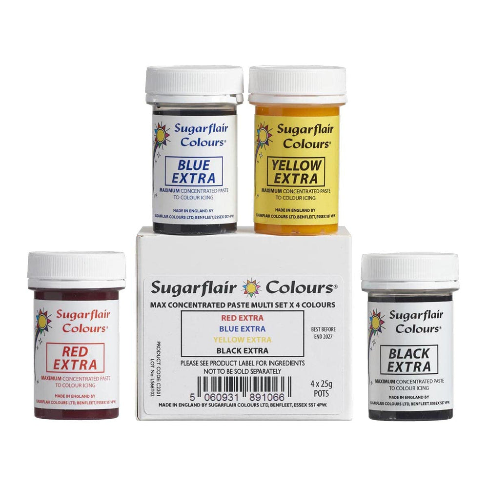 Set de coloranți alimentari Sugarflair Max Concentrated/4, colorant alimentar în pastă Max Concentrate, EXTRA albastru, galben, roșu, negru - 4x25g