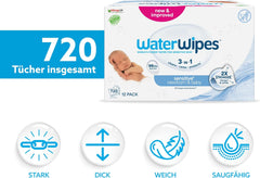 WaterWipes Sensitive+ vådservietter til nyfødte og babyer, 720 Count (12 Pack), 3-i-1 rengøring, pleje, beskyttelse, 99,9 % vand, parfumefri