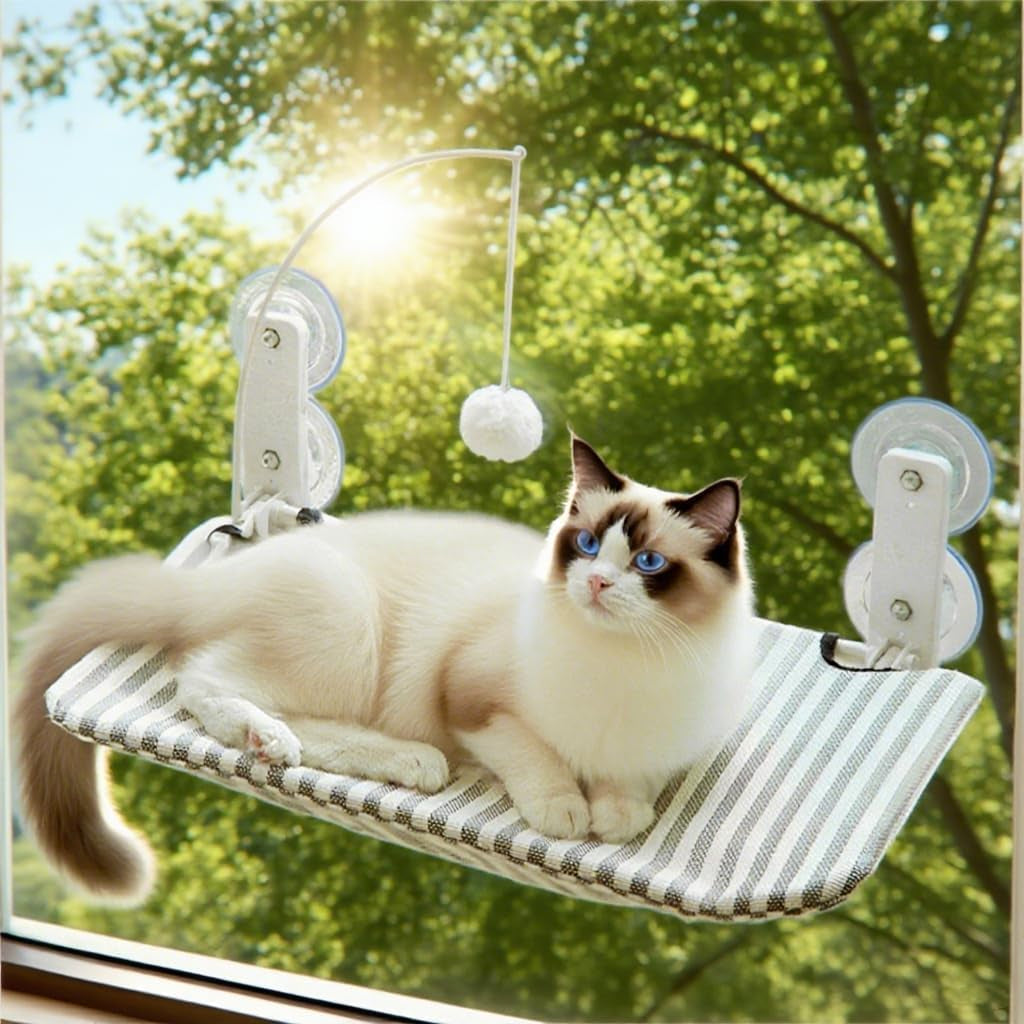 Șezlong Bnbnpup pentru pisici, pat pentru pisici, hamac pentru fereastră cu ventuze puternice până la 18 kg - husă detașabilă și reversibilă, pliabilă și stabilă (gri, L)