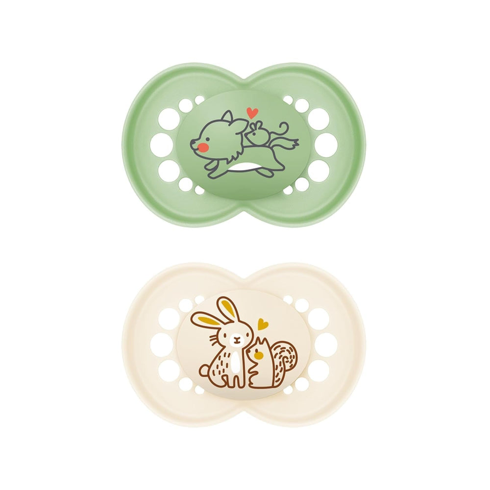 Suzete MAM Original, pachet de 2, suzete pentru bebeluși prietenoase cu dinții, fabricate din materiale sustenabile și bioregenerabile, tetine din silicon MAM SkinSoft, cu cutie pentru suzetă, 6-16 luni, Lup/Iepure