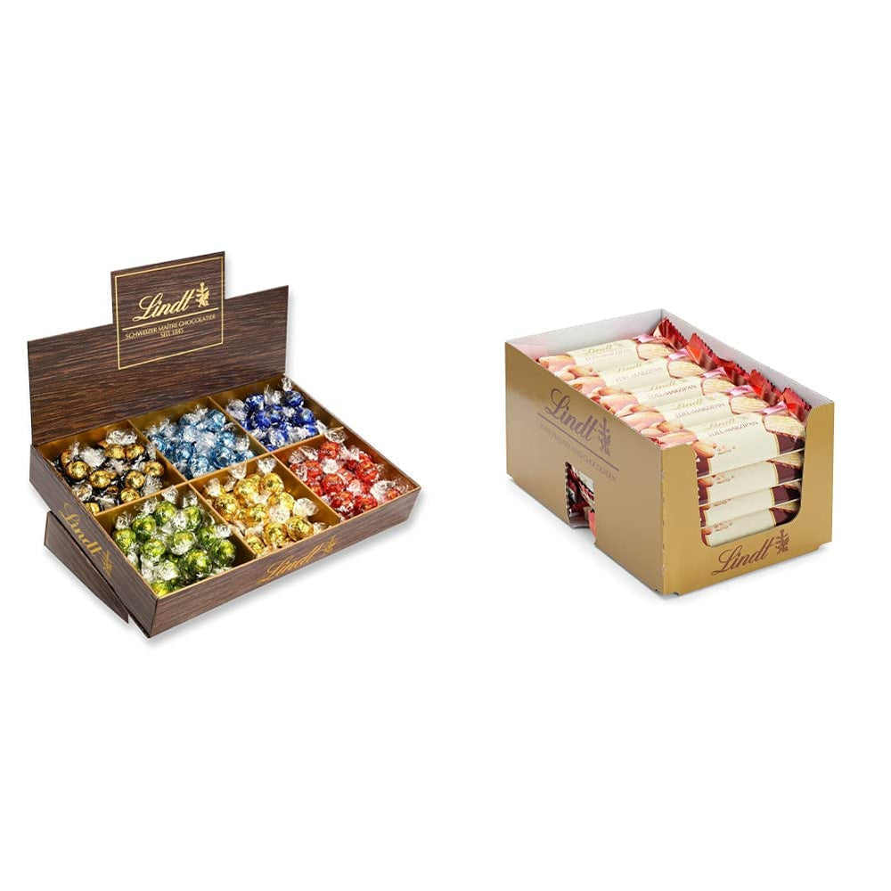 Lindor Chokolade Toppræsentation | 1718 g og chokoladebarer med marcipan | 25 barer x 50g i et tællerdisplay | 1250 g | Ren marcipan overtrukket med mørk chokolade | Chokoladebarer