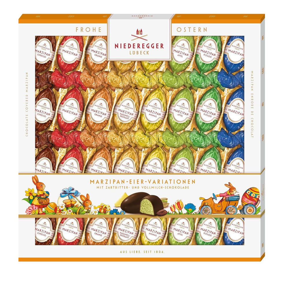 Niederegger | Marcipanæg | 1 x 400g | Varianter: Klassisk, Mælkechokolade, Appelsin, Karamel Crunch, Ananas, Æble, Espresso og Pistacie | Dækket med mørk og mælkechokolade | påske gave