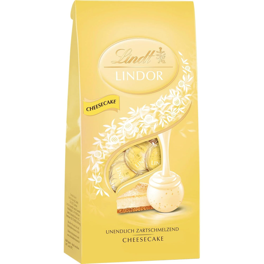 Lindt Chokolade | LINDOR poser til cheesecake | 137g | 10 mælkechokoladekugler med ostekagefyld, der smelter i munden | Chokolade gave
