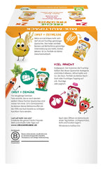 FRECHE FREUNDE Økologisk blanding i multipak-pressepose - Frugt + Korn, Frugtpuré med korn i en klembar pose til babyer fra 6 måneder, vegansk, pakke med 3, 3 x (4 x 100g)