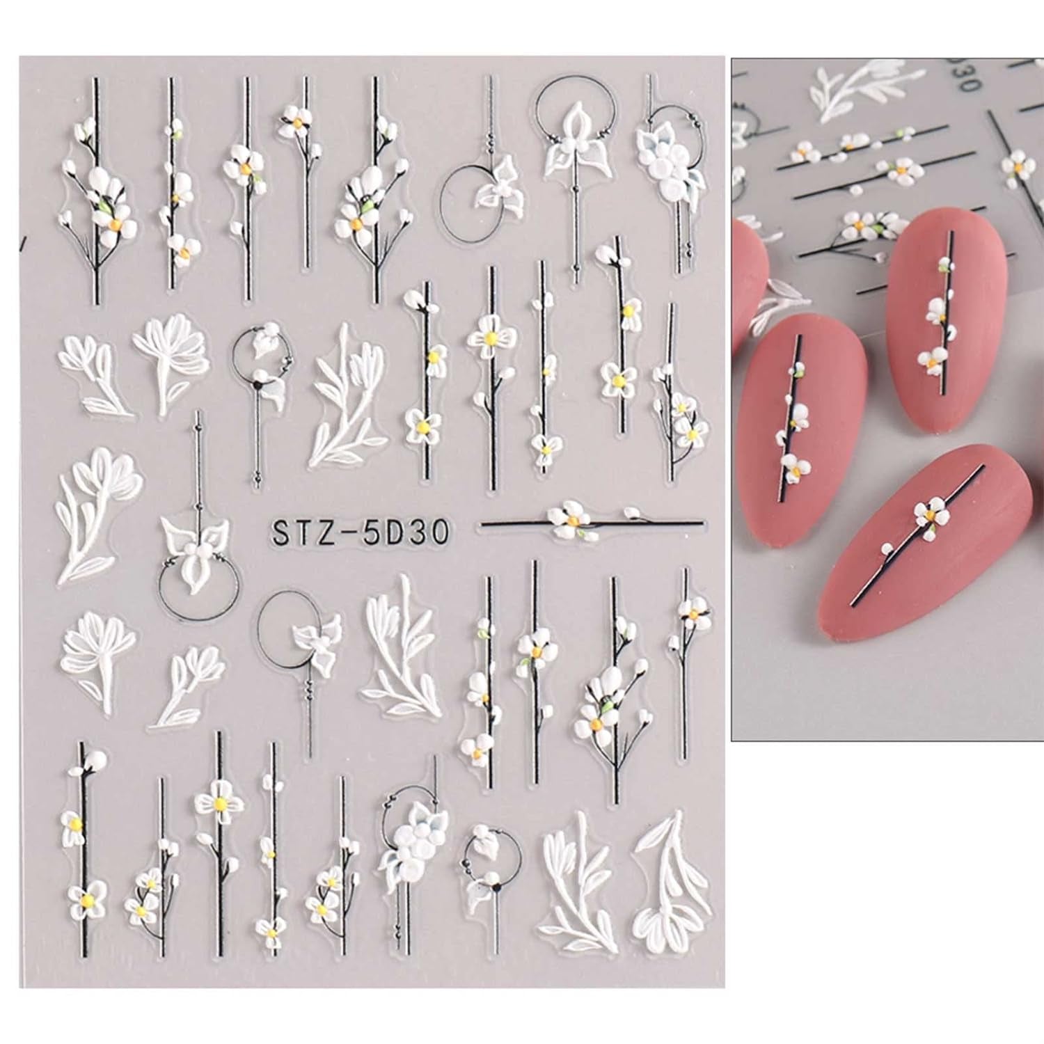 JMEOWIO 3D Nagelsticker Frühling Blume Nail Art Sticker Selbstklebend Nagelaufkleber 5D Stereoskopisch Buntes Sommer Blumen Dekoration Nageldesign Zubehör 4 Blatt