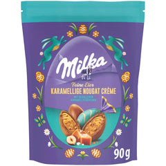 Milka fine æg - fyldt med karamelcreme og nougat og stykker saltkaramel - 90g