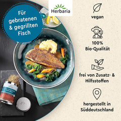 Herbaria Fisch Ahoi bio 85g M-Dosis – Fertiges Bio-Gewürzsalz for Gebratene eller gegrillte Fischgerichte, Meeresfrüchte og Bratlinge – i nachhaltiger Aromaschutz-Dose