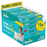 Pampers Fresh Clean vådservietter, 15 pakker med 80 servietter, 1200 servietter i alt, let duft, også velegnet til hænder og ansigt