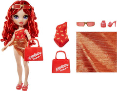 Rainbow High Swim & Style - Ruby (Rot) - 28 cm Große Puppe mit Schimmerndem Pareo, auf 10+ Arten zu tragen - Ausziehbarer Badeanzug, Sandalen, Spielzubehör - Spielzeug - Ideal für 4 bis 12 Jahre