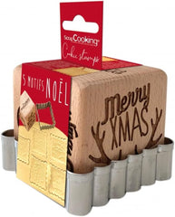 Ștampilă de patiserie din lemn SCRAP COOKING 5138 cu motive de Crăciun – cu 1 formă de tăietor de biscuiți și cub de Crăciun gravat cu 5 fețe – formă decorativă