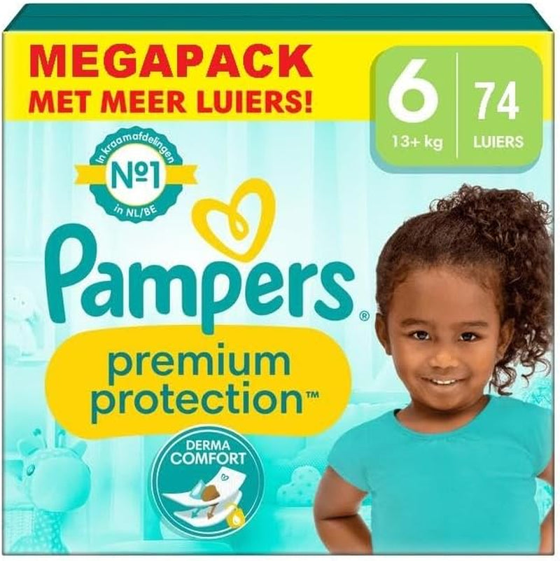 Pampers Premium Protection Størrelse 6, 74 Bleer, 13 kg+, #1 for komfort og beskyttelse til følsom hud