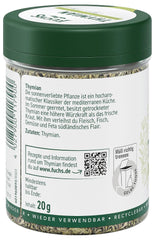 Fuchs Gewürze - Timian gerebelt - Mediterranean Kräuternote für Feta, Gemüse und Fleischgerichte - naturlige ingredienser - 20 g i wiederverwendbarer, genbrugsbarer Dosis