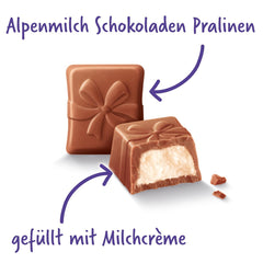Praline Milka Tillykke – Alpine mælkechokolade med fint mælkeflødefyld – 10 x 110g