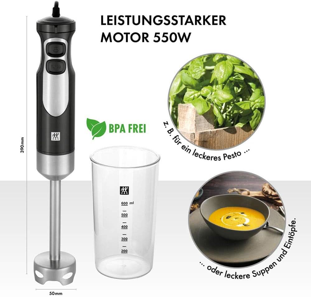 ZWILLING Stabmixer, Inkl. 600 Messbecher, 550 Watt, 18/8 Stainless Steel, Edelstahl/Schwarz Mama si Copilul Naty Shop
