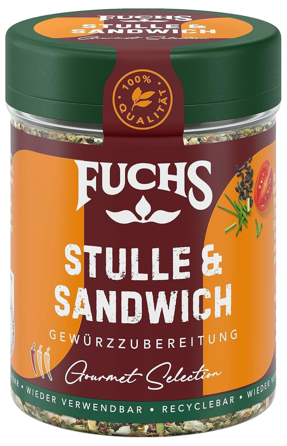 Fuchs Gewürze - Stulle und Sandwich Gewürz - sprød Butterbrot Topping mit Pyramidenflocken und getoasteten Zwiebeln - aus natürliche Ingrediens - 50 g i wiederverwendbarer, genbrugsbarer Dosis