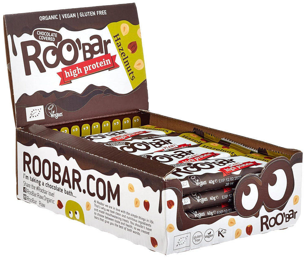 Højproteinchokoladeglaserede hasselnøddebarer - 100 % økologiske, veganske, frugtbarer, mælkefri, glutenfri, raffineret sukkerfri - 16 barer x 40 g