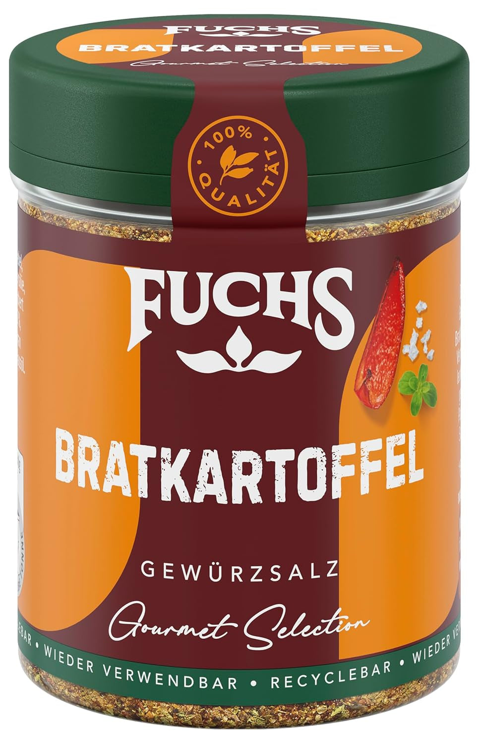 Fuchs Gourmet Selection Klassisch/Heimisch – Bratkartoffel Gewürzsalz, nachfüllbares Kartoffel Gewürz, Salz zum Würzen von Brat- & Ofenkartoffeln, Pommes Frites & Co, vegansk, 70 g