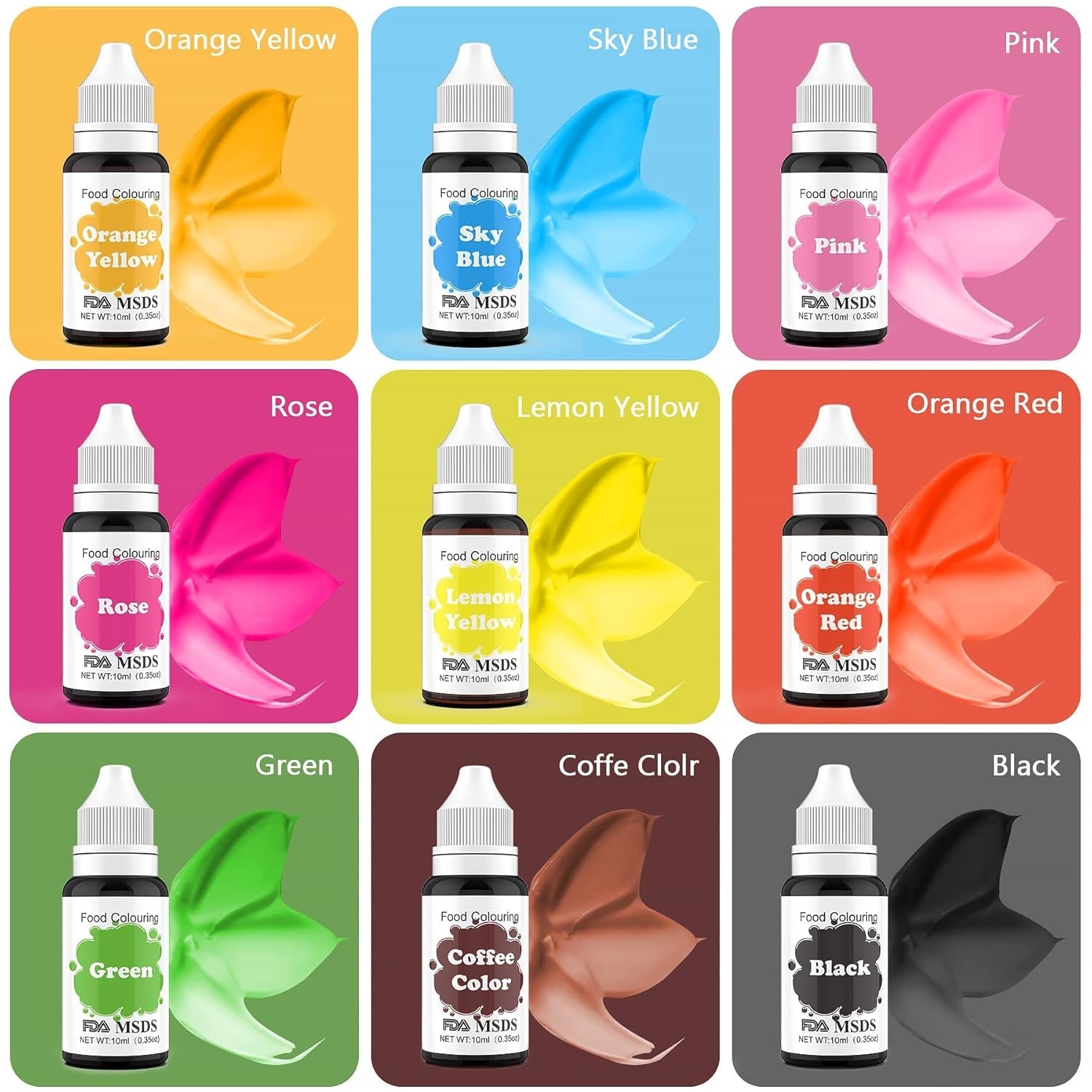 Colorant alimentar 9 x 10 ml, coloranți alimentari lichizi - set de coloranți alimentari pentru decorarea torturilor, macaroane, gogoși, fudge, glazură, săpunuri DIY, înghețată, colorant pentru săpun, colorant pentru pistol de pulverizare