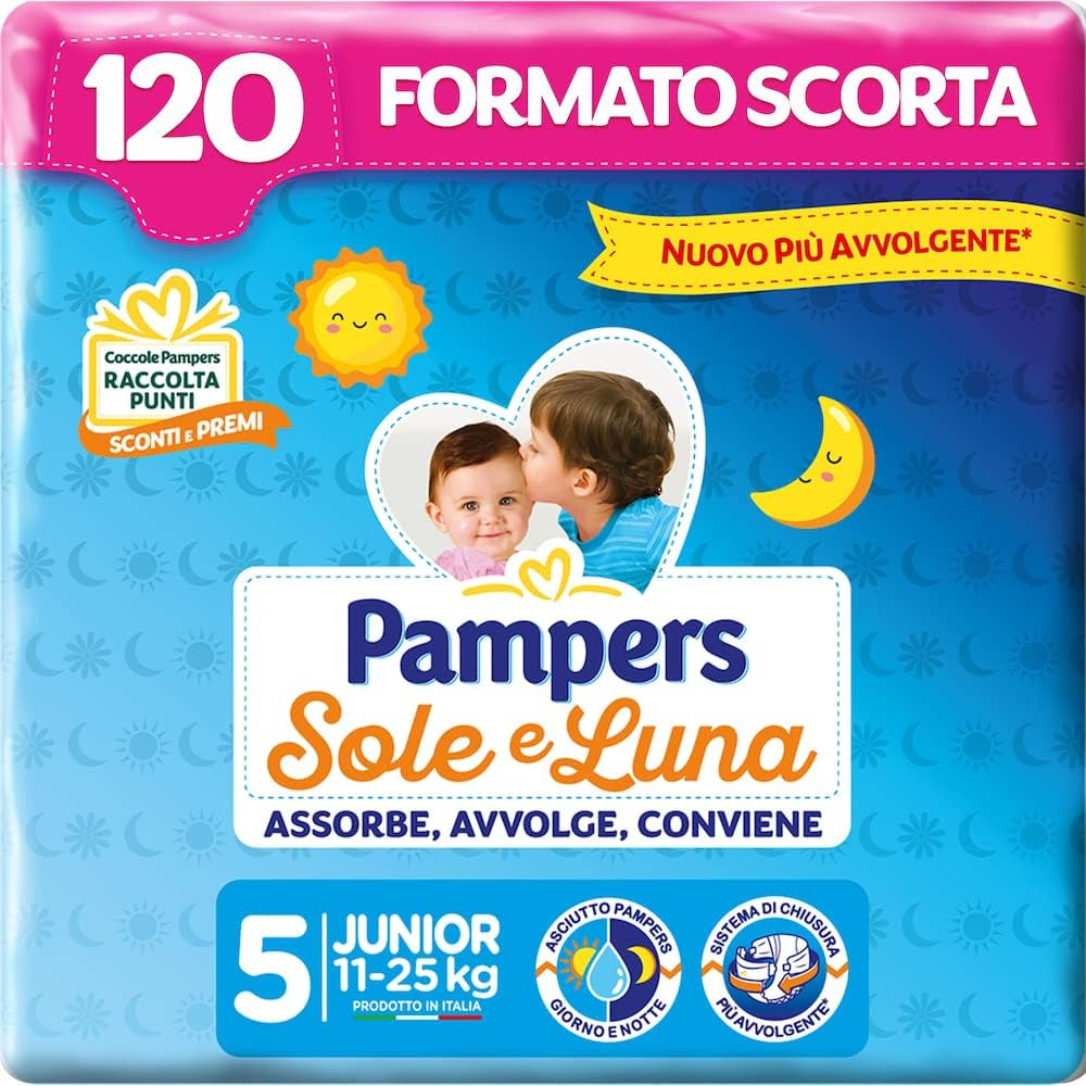 Pampers sol- og månebleer, unisex, junior, str. 5 (11-25 kg), 120 bleer