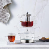 Set de ceainic din sticlă borosilicată Karaca Dora cu infuzor de ceai din oțel inoxidabil, fierbător de 2L și ceainic din sticlă de 1L cu infuzor, ceainic turcesc, Caydanlik, aparat de ceai turcesc pentru ceai din plante, ceai vrac, XL