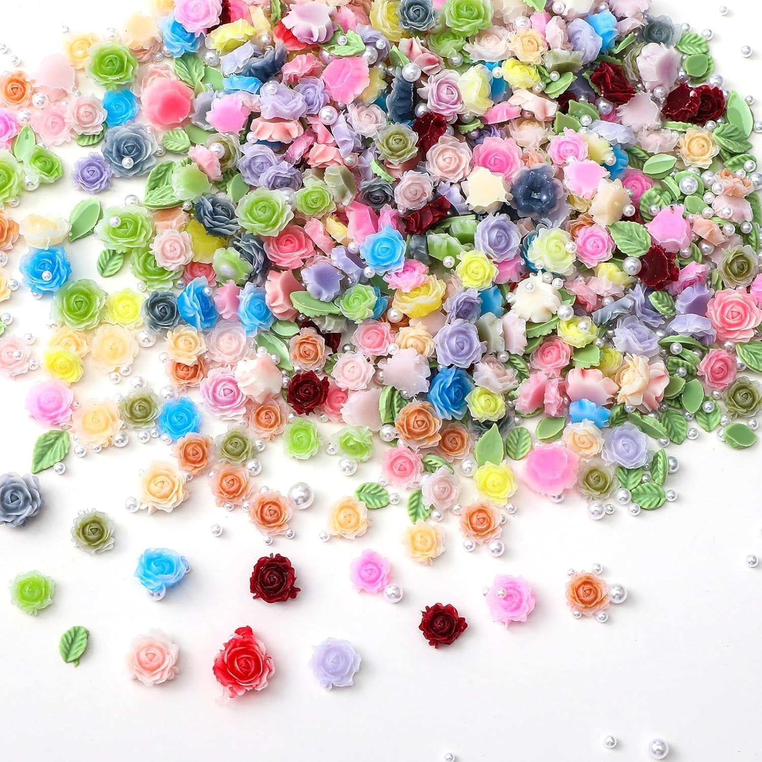 300 Stück Niedlich Blume Nail Charms, 3D Harz Floral Kamelie Rose Nägel Charms Mit Perle, Gemischt Größe Bunte Flower Nägel Deko Für Frauen Nail Art Zubehör