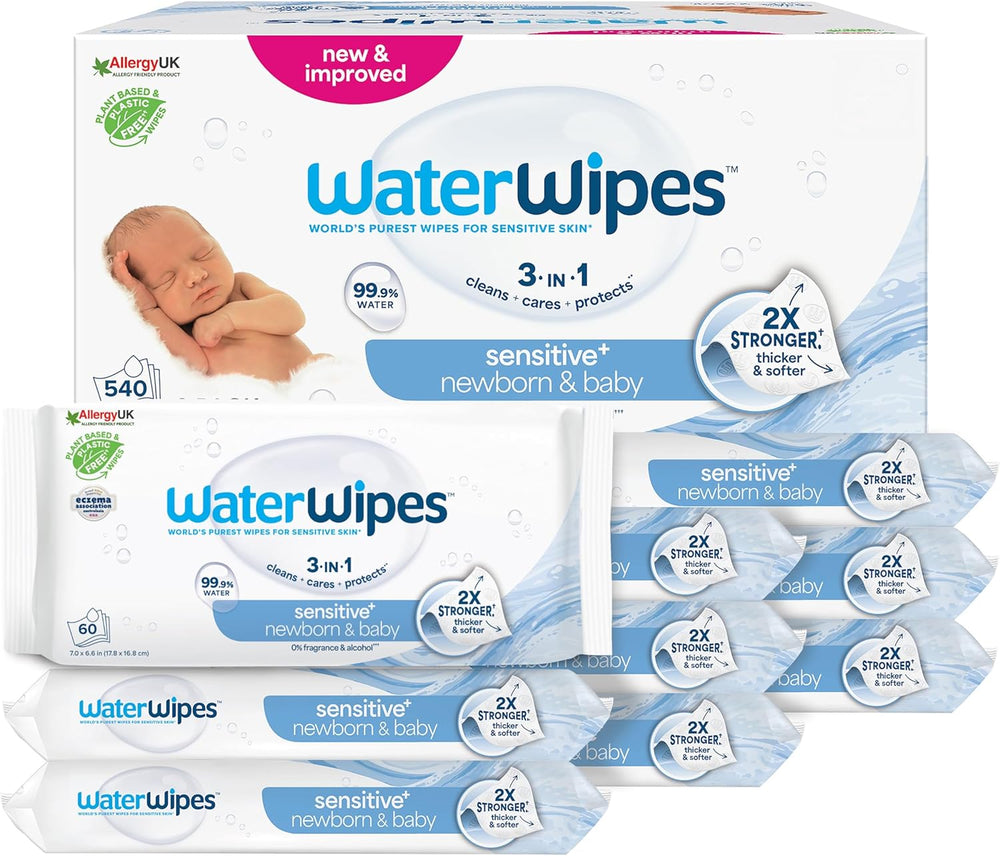 WaterWipes Sensitive+ vådservietter til nyfødte og babyer, 540 stykker (9 pakker), 3-i-1 rengøring, pleje, beskyttelse, 99,9 % vand, parfumefri