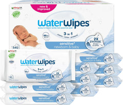 WaterWipes Sensitive+ vådservietter til nyfødte og babyer, 540 stykker (9 pakker), 3-i-1 rengøring, pleje, beskyttelse, 99,9 % vand, parfumefri