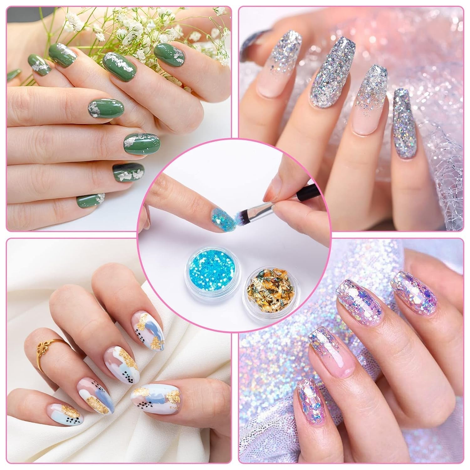 24 Farben Glitzer Set Mit Blattgold Und Glitzerpulver, Nageldesign Zubehör Pailletten Basteln Nail Art Glitter Mit Pinsel Für Nägel Gesicht Körper DIY Nagelkunst Make Up