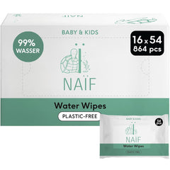 Naïf - Plastfri vådservietter - 864 stykker (16 pakker á 54 servietter) - Pleje af babys bund, krop og ansigt - 99% vand - 0% parfume og alkohol