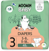 Moomin Baby Eco bleer, str. 3, 5-8 kg, 48 stykker, Premium bløde bleer | Blød og hudvenlig, åndbar, absorberende, ingen unødvendige kemikalier |