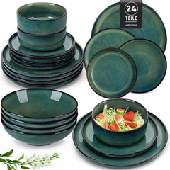 Set de veselă modern pentru 6 persoane, set de veselă din gresie Vancasso STARRY cu 24 de piese, set combinat verde, serviciu de cină pentru 6 persoane, inclusiv farfurii de cină, farfurii de desert, farfurii de supă și boluri pentru cereale