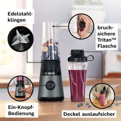 Bosch Mini-Standmixer Vitapower Serie 2 MMB2111S, Highspeed-Mixer, Bis Zu 40.000 Rpm, Tritan Togo-Flasche 0,6 L, Trinkdeckel, Bruchsicher, Spülmasch.Geeignete Teile, 450W, Silber/Schwarz Kitchen Naty Shop