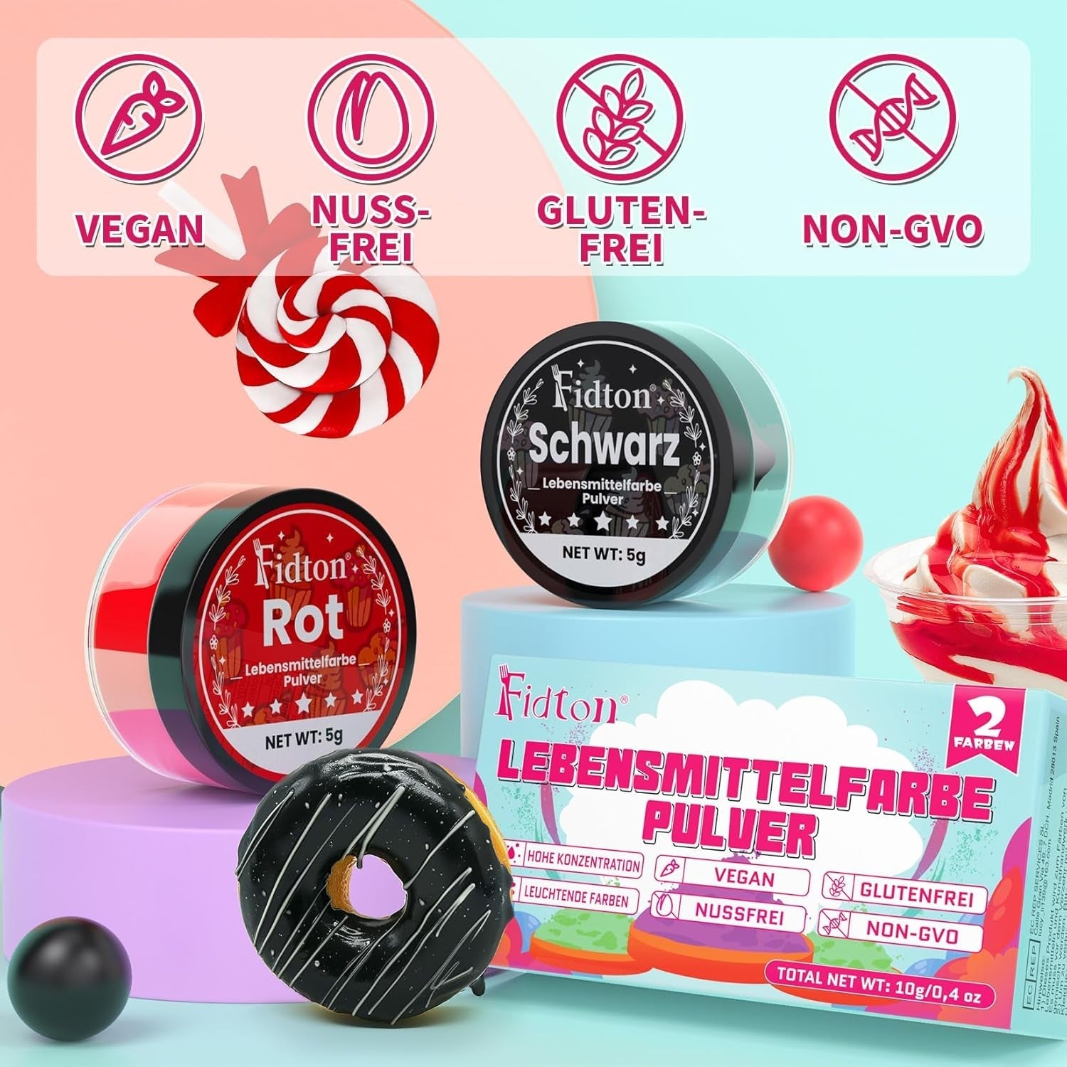 Colorant alimentar pudră - 2 culori colorant alimentar solubil în apă ultra concentrat, colorant alimentar pentru fondant, coloranți alimentari, macarons, copt, colorant alimentar roșu și negru - 5 g