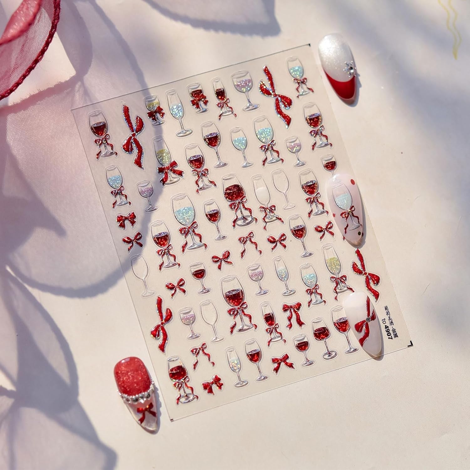 JMEOWIO 3D Nagelsticker Roter Kelch Mit Schleife Nail Art Sticker Selbstklebend Nagelaufkleber 5D Stereoskopisch Dekoration Nageldesign Zubehör 1 Blatt