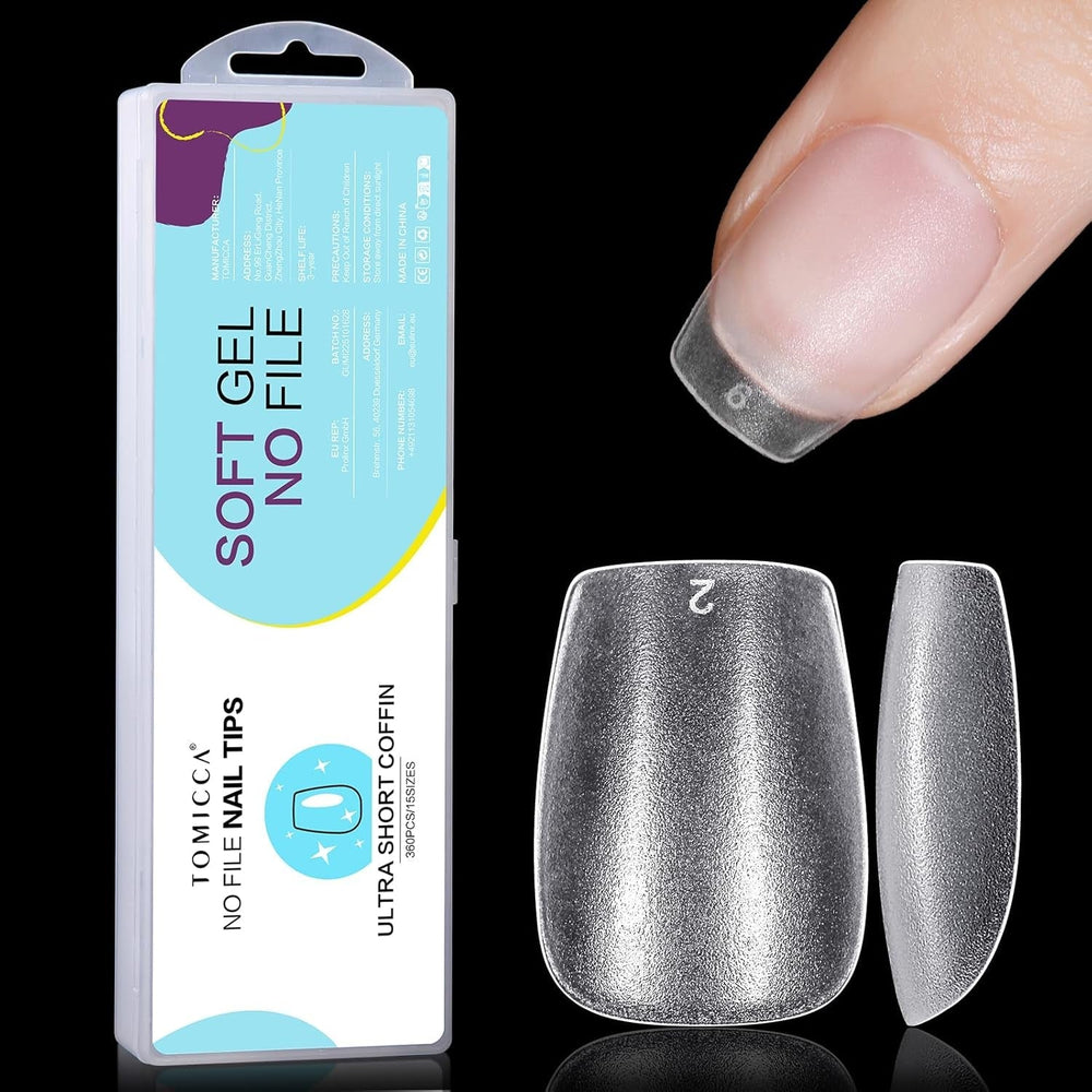 TOMICCA Coffin Tips Ultra Short Nail Tips - Tipuri de unghii, Tipuri moi cu gel, Acoperire completă, Tipuri de unghii artificiale mate preformate, Tipuri de gel pentru unghii cu gel - 360 bucăți, 15 mărimi