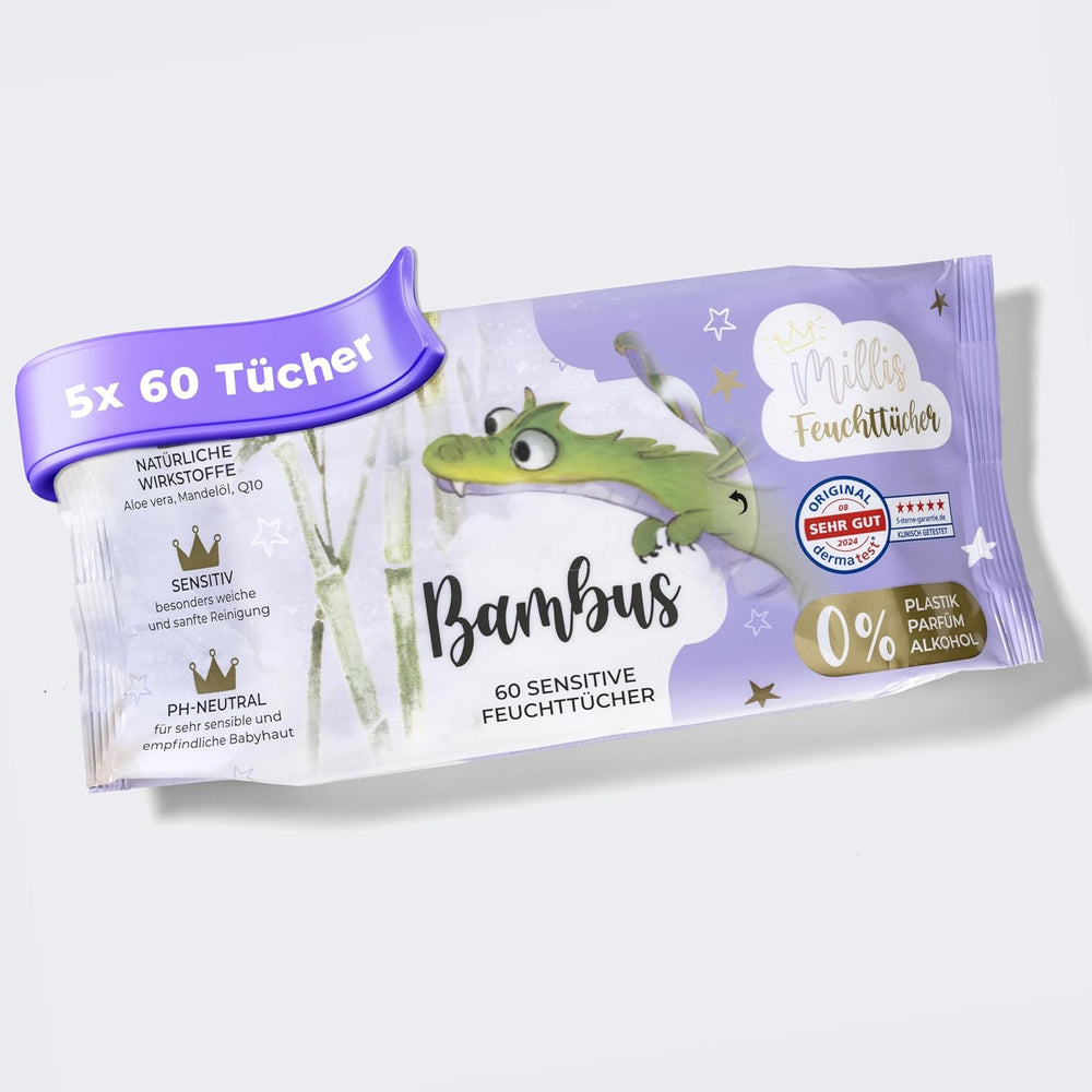 Millis Bamboo Baby Sensitive vådservietter til sart babyhud - 5 x 60 stykker - Naturlig, skånsom og bæredygtig rengøring - Biologisk nedbrydelige babyservietter, plastikfri og alkoholfri