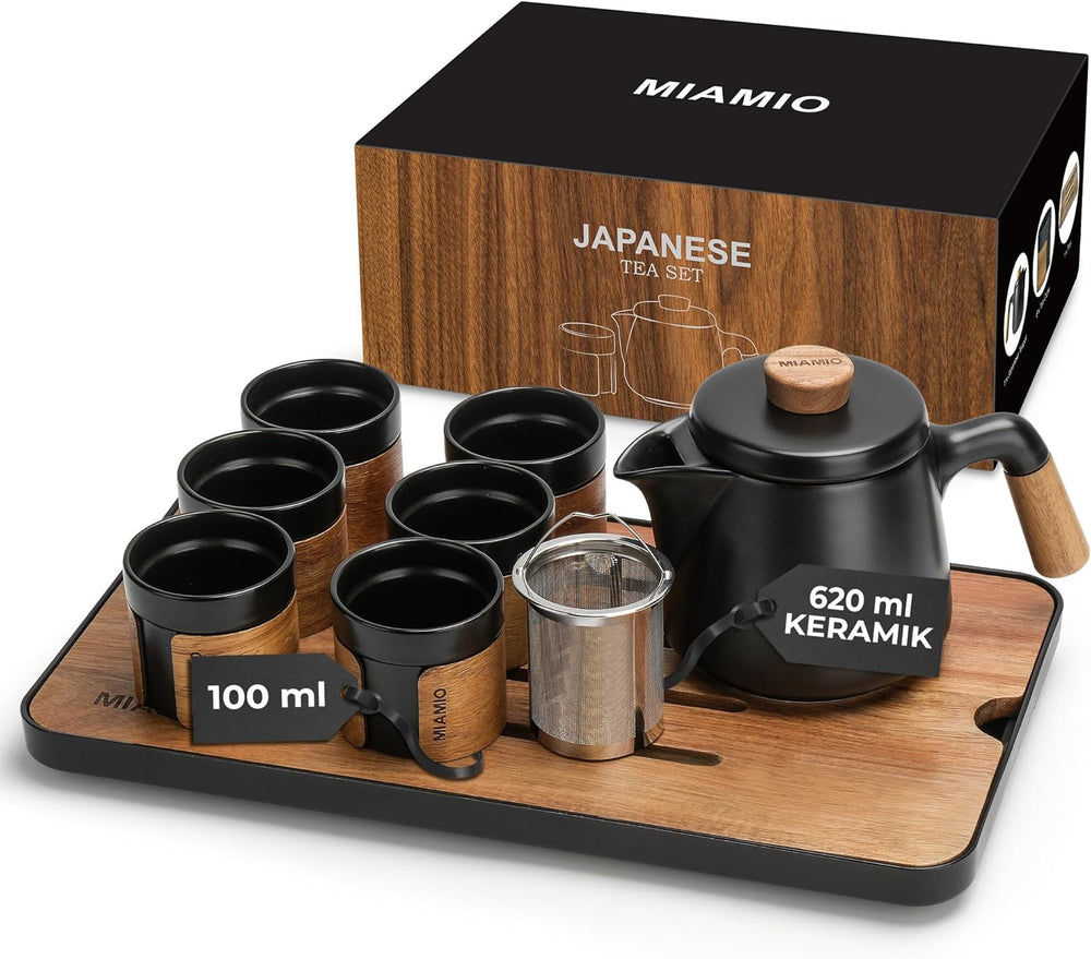 MIAMIO - Set de ceai japonez/chinezesc 6 x 100 ml / Ceainic asiatic 620 ml cu infuzor de ceai, Set tradițional japonez de ceainic pentru iubitorii de ceai/bărbați/femei (negru)