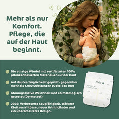 Scutece pentru bebeluși Naty BioEmbrace, mărimea 5 (11–25 kg) | 100% materiale pe bază de plante, delicate cu pielea | Moliciune respirabilă, testate dermatologic, absorbție excelentă | 80 buc.