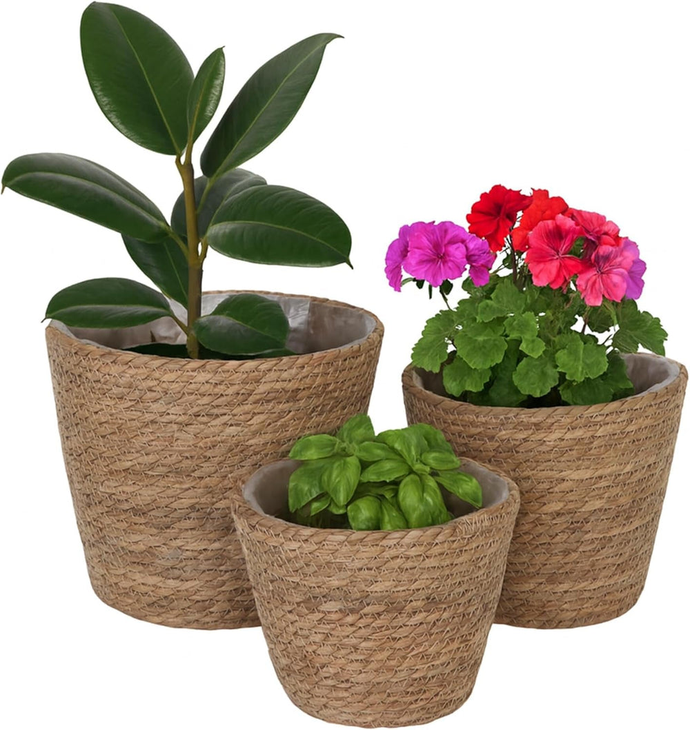 Ghiveci de flori Relaxdays, Set de 3, Stuf, Ghivece de plante cu folie, 3 dimensiuni, Stil Boho, Ghivece rotunde, Natural