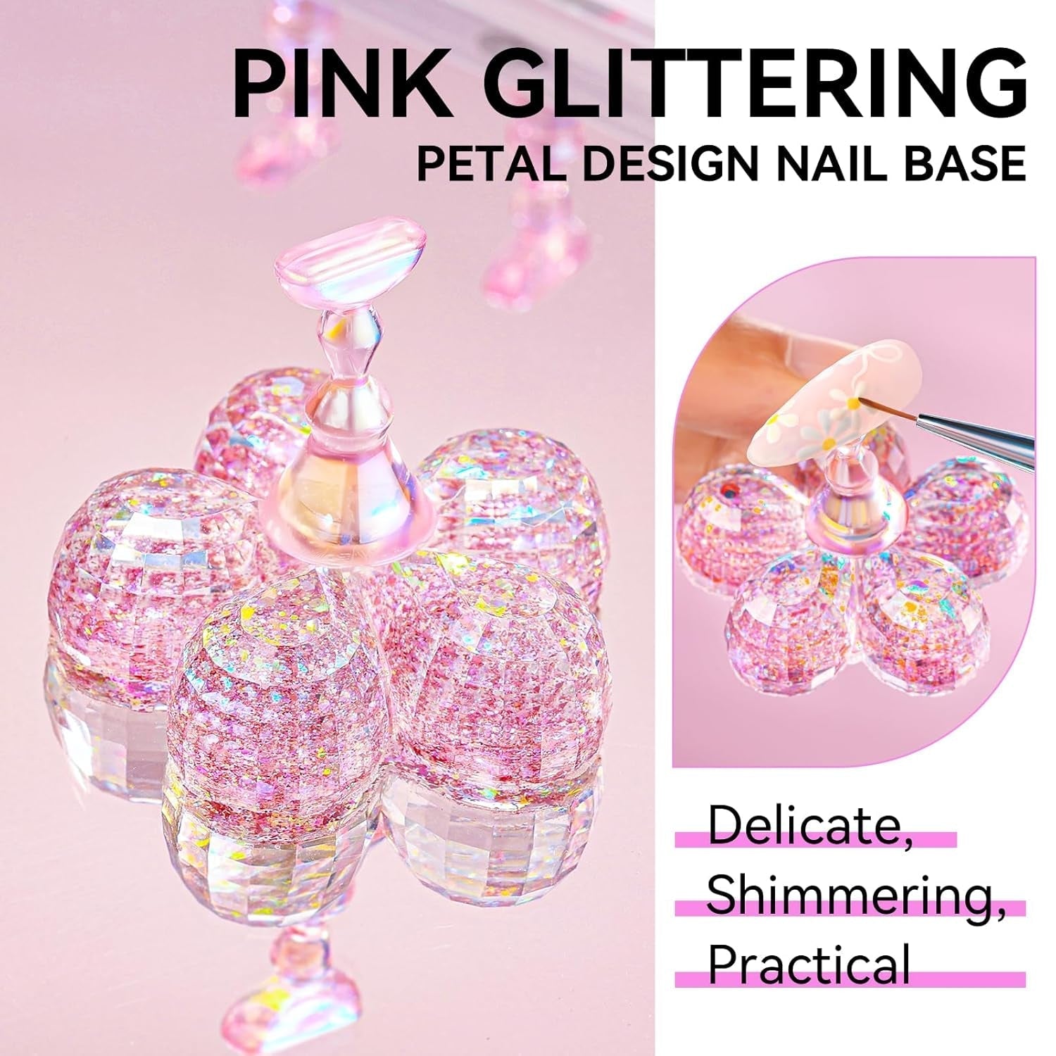 Suport acrilic pentru unghii Makartt, suport pentru unghii magnetic, suport pentru unghii, suport pentru unghii roz transparent, cu 48 de chit adeziv