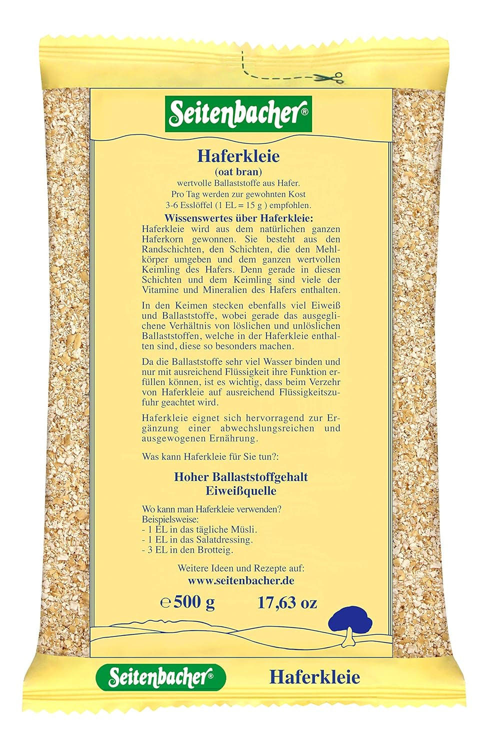 Seitenbacher Haferkleie I High Protein Gehalt I High Ballaststoff Gehalt I (1X 500 G ) Kornprodukter Naty Shop 500 G (1Er Pakke)