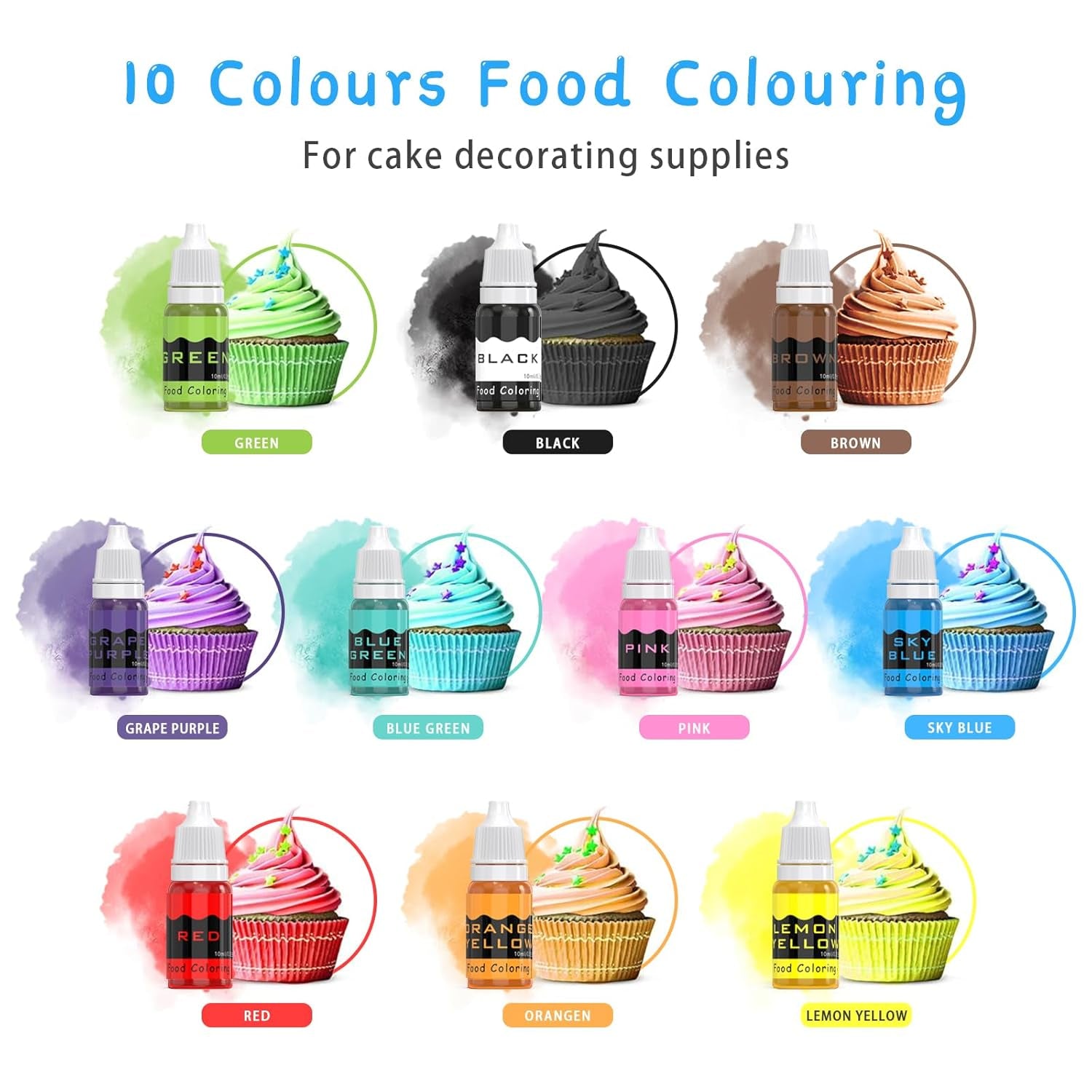 Colorant alimentar lichid 10ml x 10 culori, set de coloranți alimentari concentrați pentru glazură de tort, pentru copt, decorare, gătit și fondant. Colorant alimentar vibrant curcubeu pentru meșteșuguri DIY