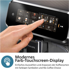 Espressor automat PHILIPS seria 3300 - 6 băuturi, ecran tactil color modern, sistem de preparare a laptelui LatteGo, SilentBrew, râșniță 100% ceramică, filtru AquaClean. Crom negru (EP3347/90)