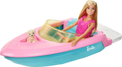 Barbie Speedbåd Sæt, Barbie Dukke med Blondt Hår, Pink Redningsvest, Båd, Hvalp, Tilbehør, Gaver til 3+, Grg30 Naty Shop Dolls
