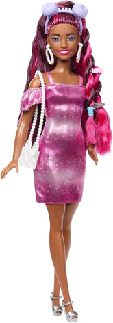 Barbie-Puppe, Fun & Fancy-Haar mit extralangem farbenfrohem schwarzem Haar und schimmerndem rosa Kleid, 10 Frisier- und Mode-Spielaccessoires, JDC86