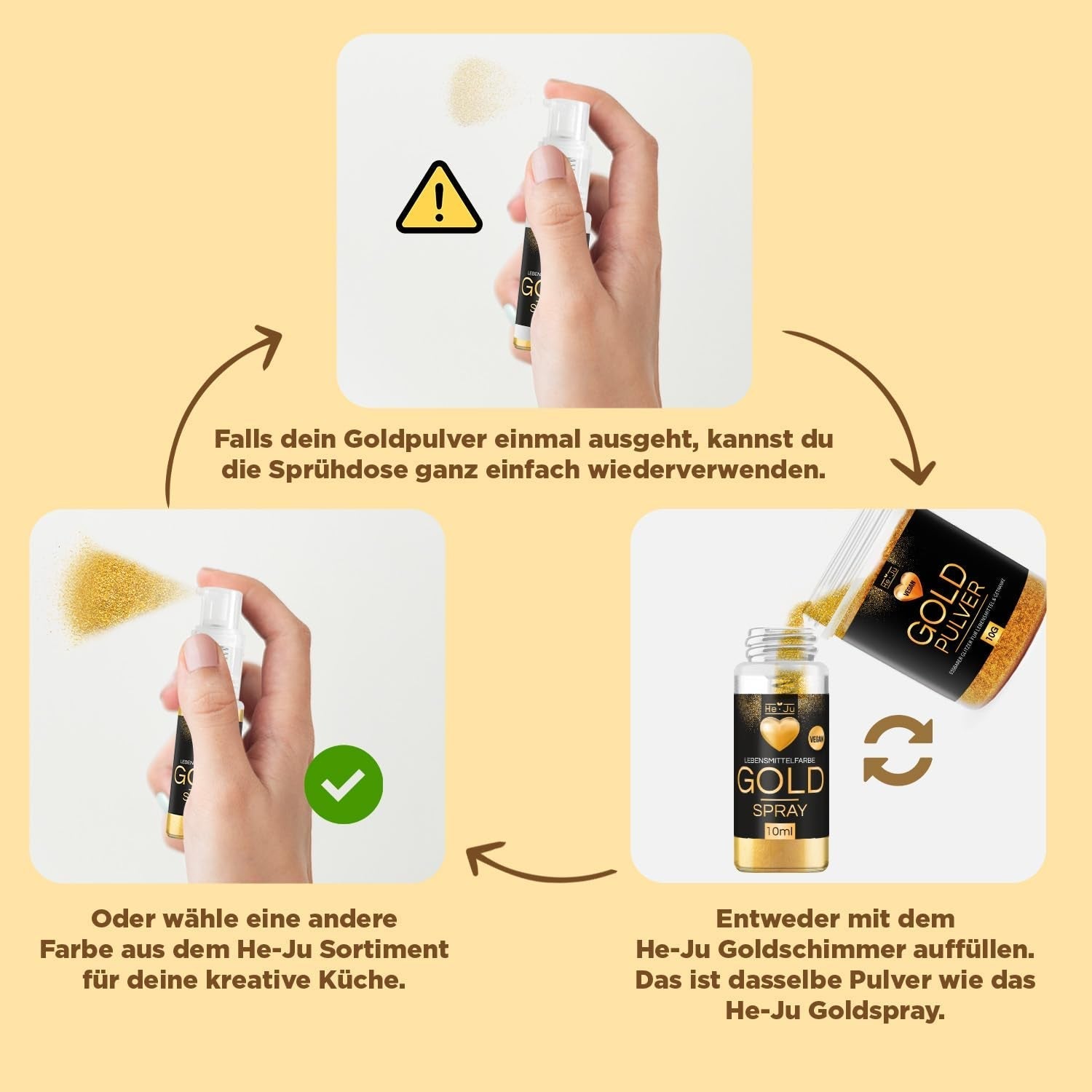 Spray colorant alimentar He-Ju, auriu, 10 g, pudră de aur comestibilă, vegană și fără E171, sclipici comestibil pentru băuturi