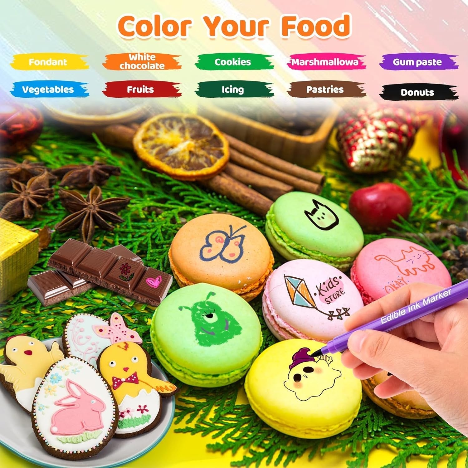 12 bucăți pixuri colorante alimentare, pixuri alimentare pentru copt, markere comestibile cu vârf fin și gros pentru prăjituri, macaroane, ouă de Paște (10 culori)