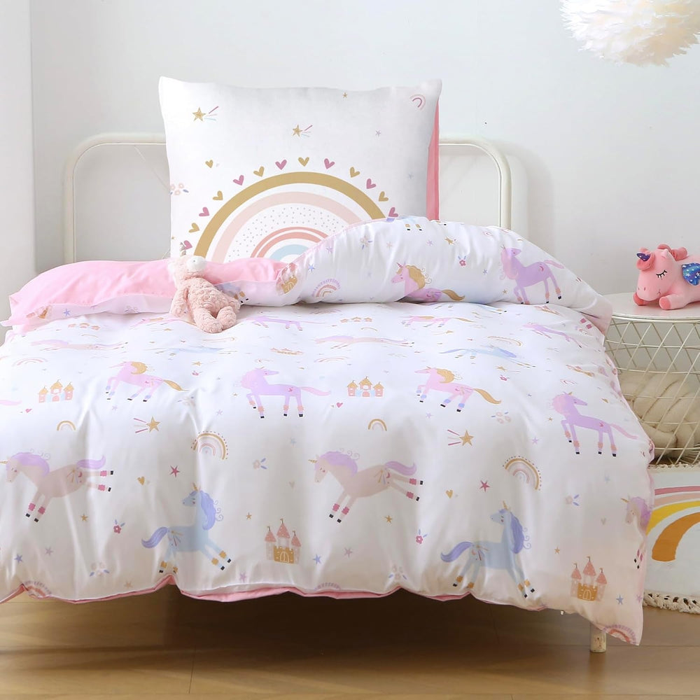 Fekohipy Bettwäsche 135X200 Mädchen Einhorn Kinderbettwäsche Rosa 3D-Druck Mikrofaser Regenbogen Kinder Bettbezug Mit Zwierzweissung Und 1 Kissenbezug 80X80Cm 2-Teilige Kinderbettwäsche-Set Naty Shop Einhornregenbogen 130mX200CmX200C